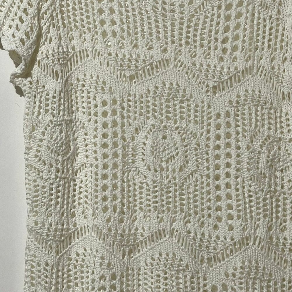 One World Womens Size L Off White Short Sleeve Crochet Knit Top - Picture 2 of 9